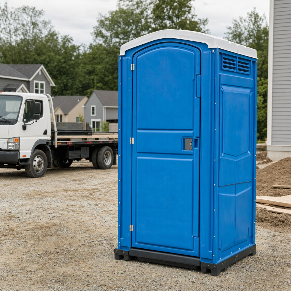Delivery driver positioning a clean royal-blue portable toilet on level ground at a San Jose worksite