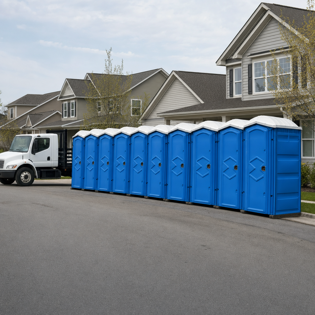 Royal blue portable toilets staged in a tidy row at a San Jose jobsite, ready for delivery